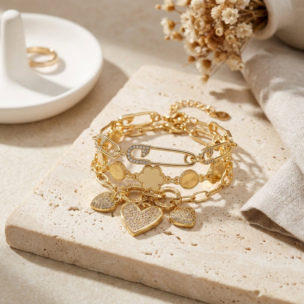 Hearts of Gold Stacked Bracelet